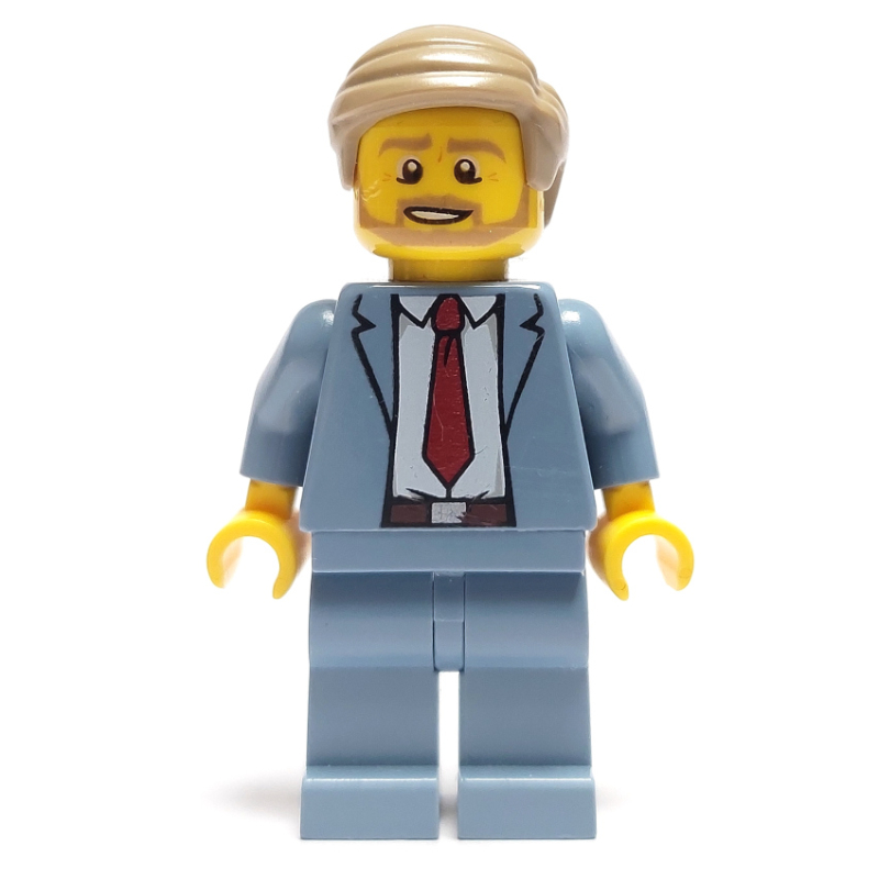 Homme, costume bleu sable avec cravate rouge, cheveux brun foncé, barbe (Man, Sand Blue Suit with Red Tie, Dark Tan Hair, Beard)