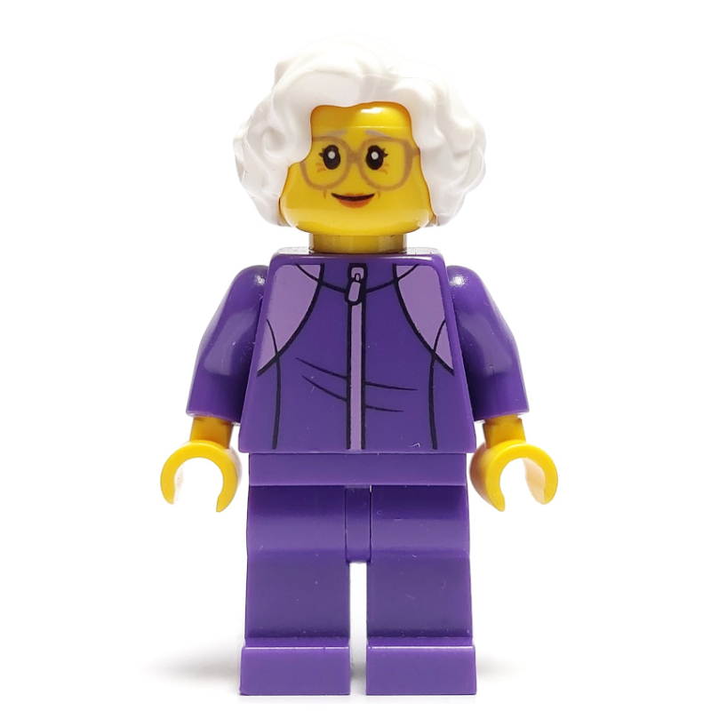 Femme, costume de jogging violet foncé, cheveux blancs, grandes lunettes (Woman, Dark Purple Jogging Suit, White Hair, Large Glasses)