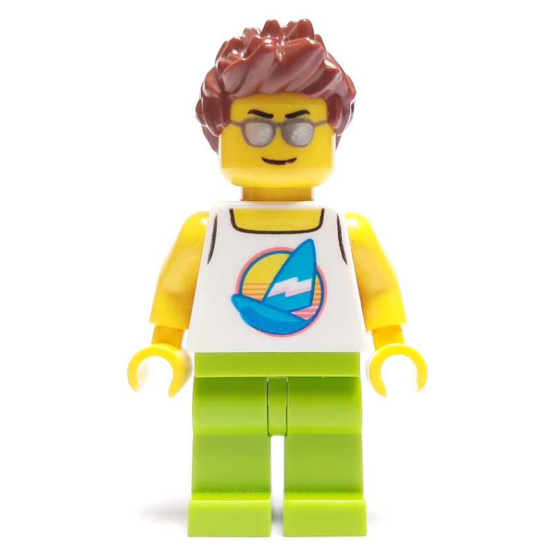 Homme, débardeur blanc avec planche à voile, jambes de vert citron, cheveux brun rougeâtre, lunettes de soleil argentées (Man, White Tank Top with Windsurfer, Lime Legs, Reddish Brown Hair, Silver Sunglasses)