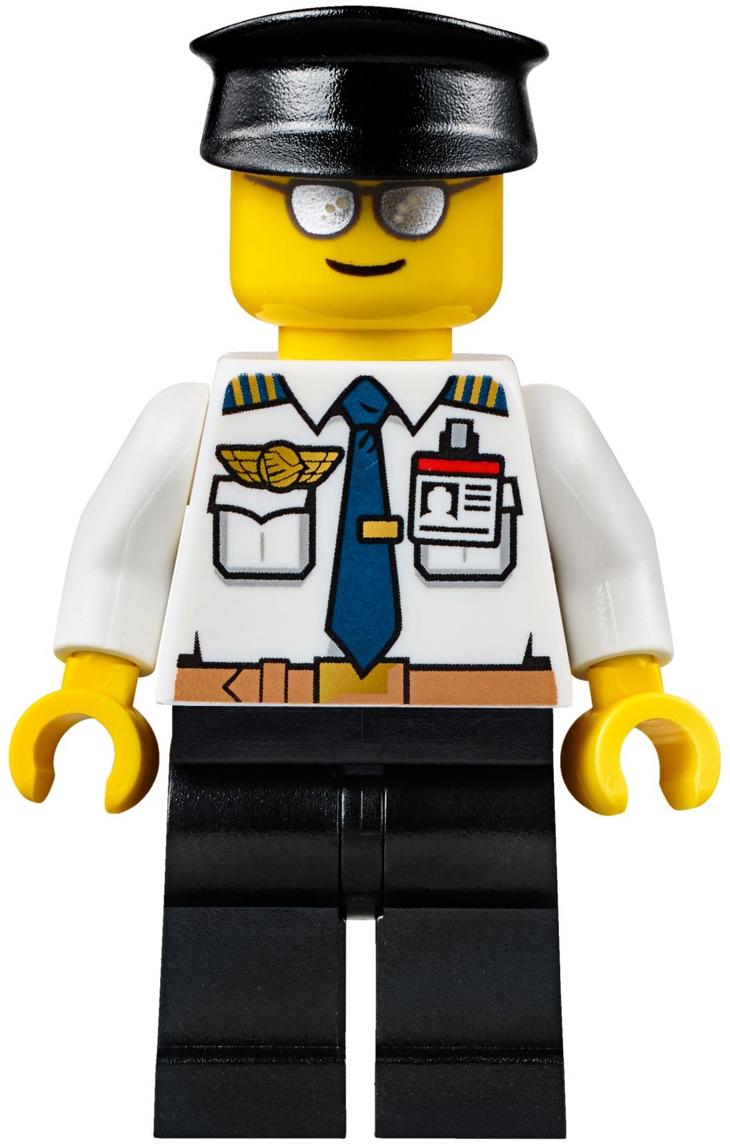 Pilote, chemise blanche avec cravate et insigne d'aile, jambes noires, chapeau noir, lunettes de soleil argentées (Pilot, White Shirt with Tie and Wing Badge, Black Legs, Black Hat, Silver Sunglasses)