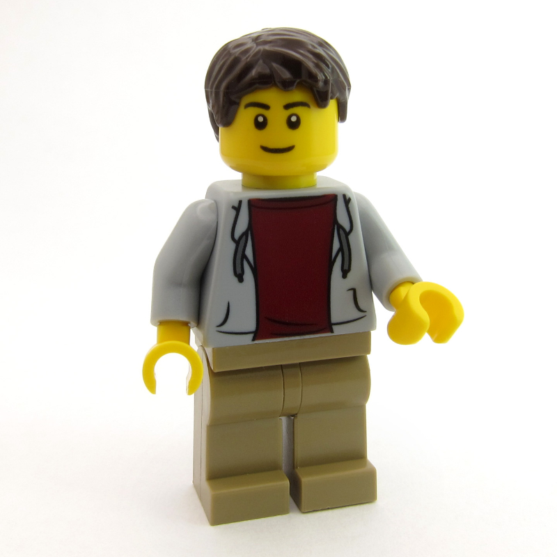 Homme, sweat à capuche gris bleuté clair ouvert sur chemise rouge foncé, jambes beige foncé, cheveux brun foncé (Man, Open Light Bluish Gray Hoodie over Dark Red Shirt, Dark Tan Legs, Dark Brown Hair)