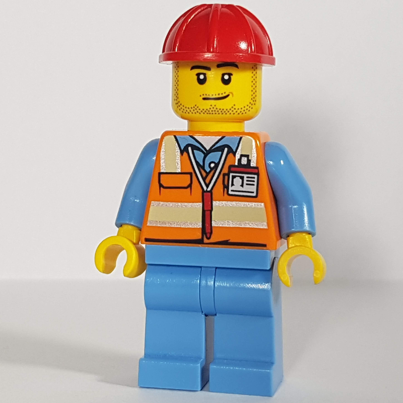 Équipage au sol, gilet de sécurité orange, jambes bleues moyennes, casque de chantier rouge, barbe naissante (Ground Crew, Orange Safety Vest, Medium Blue Legs, Red Hard Hat, Stubble)