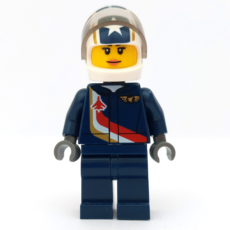 Pilote, femme, combinaison bleu foncé avec badge avion et ailes, casque blanc avec étoiles et visière (Pilot, Woman, Dark Blue Jumpsuit with Plane and Wings Badge, White Helmet with Stars and Visor)