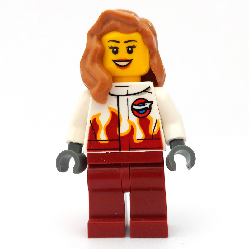 Pilote, femme, combinaison blanche et rouge foncé, cheveux nougat moyen (Pilot, Woman, White and Dark Red Jumpsuit, Medium Nougat Hair)