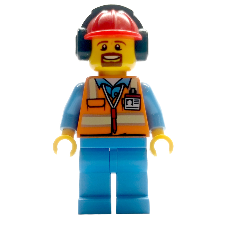 Équipage au sol, gilet de sécurité orange, jambes bleues moyennes, casque de chantier rouge avec protections auditives, bouc (Ground Crew, Orange Safety Vest, Medium Blue Legs, Red Hard Hat with Ear Defenders, Goatee Beard)