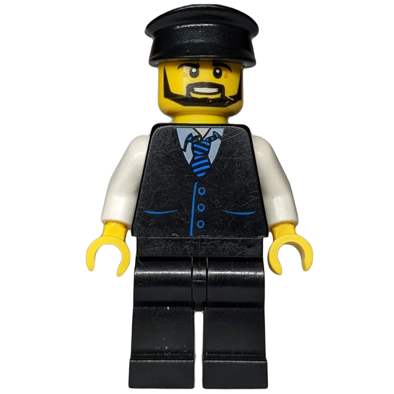 Homme, gilet noir avec cravate, chapeau noir, barbe (Man, Black Vest with Tie, Black Hat, Beard)