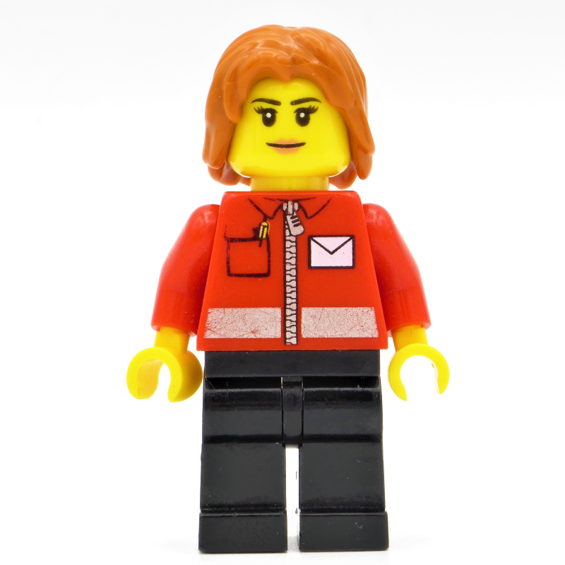 Travailleur postal, femme, veste rouge avec fermeture à glissière et logo lettre, jambes noires, cheveux orange foncé (Postal Worker, Woman, Red Jacket with Zipper and Letter Logo, Black Legs, Dark Orange Hair)