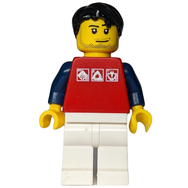 Homme, haut rouge avec des bras bleu foncé, jambes blanches, cheveux noirs, barbe naissante (Man, Red Top with Dark Blue Arms, White Legs, Black Hair, Stubble)