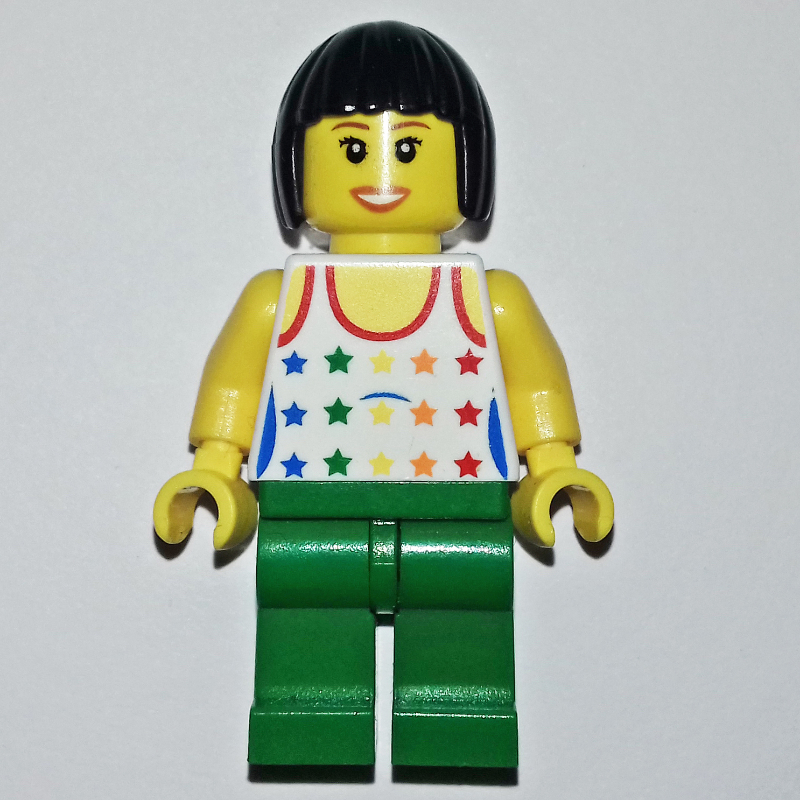 Femme, gilet blanc avec étoiles, jambes vertes, cheveux noirs (Woman, White Vest with Stars, Green Legs, Black Hair)