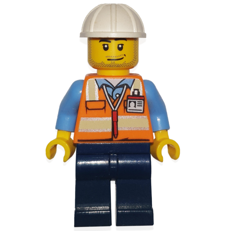 Équipage au sol, gilet de sécurité orange, jambes bleu foncé, casque de chantier blanc, barbe naissante (Ground Crew, Orange Safety Vest, Dark Blue Legs, White Hard Hat, Stubble)