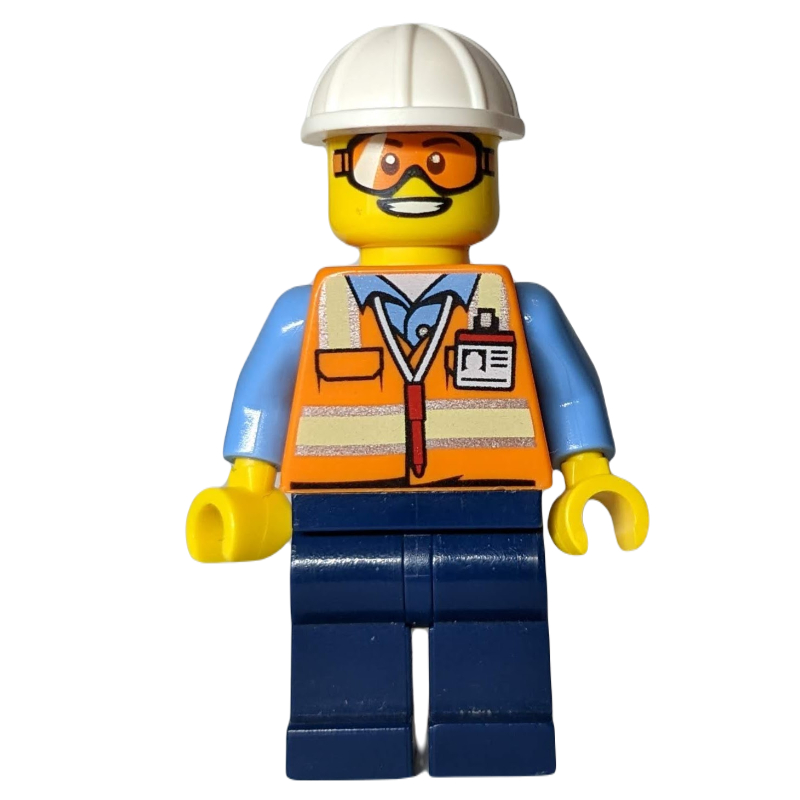 Agent au sol, gilet de sécurité orange, jambes bleu foncé, casque de chantier blanc, lunettes de sécurité orange (Ground Crew, Orange Safety Vest, Dark Blue Legs, White Hard Hat, Orange Safety Goggles)