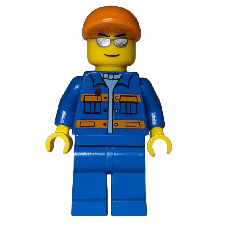 Équipage au sol, combinaison bleue à rayures orange et poches, casquette orange, lunettes de soleil argentées (Ground Crew, Blue Jumpsuit with Orange Stripes and Pockets, Orange Cap, Silver Sunglasses)