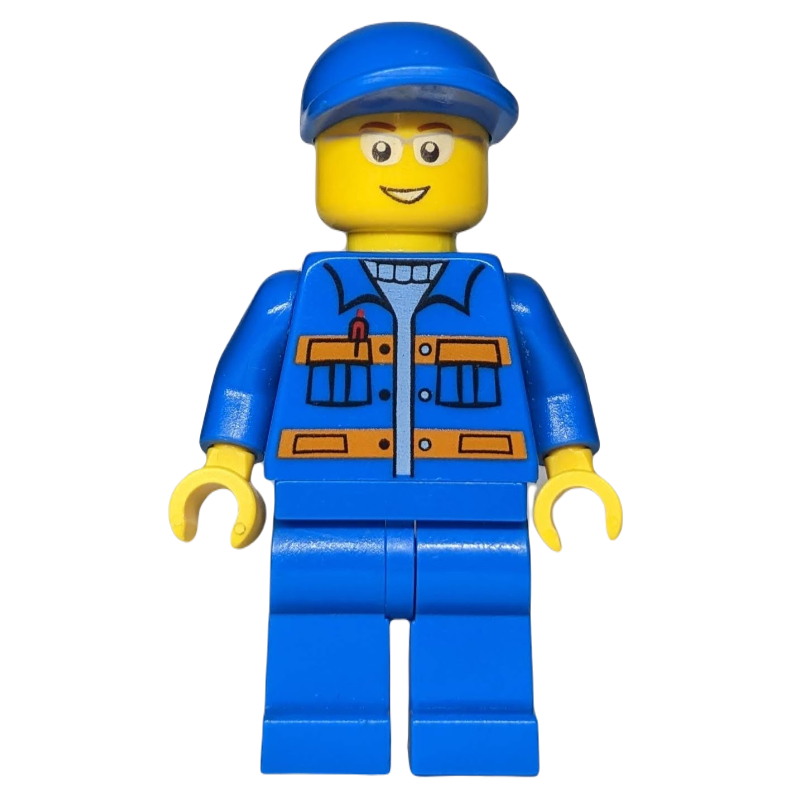 Agent au sol, combinaison bleue à rayures orange et poches, casquette bleue, lunettes (Ground Crew, Blue Jumpsuit with Orange Stripes and Pockets, Blue Cap, Glasses)