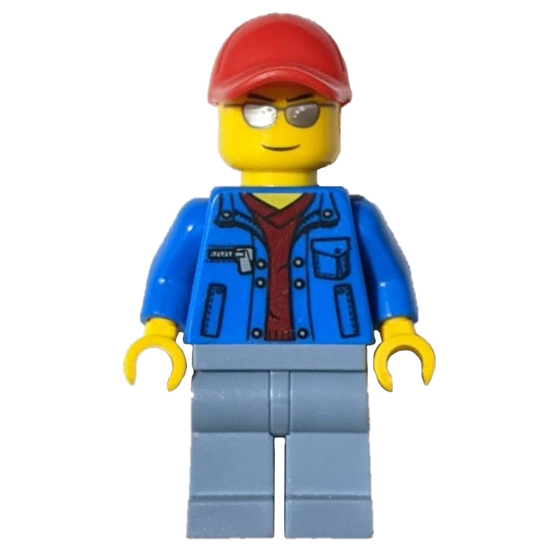 Homme, veste bleue ouverte sur chemise rouge foncé, jambes bleu sable, casquette rouge, lunettes de soleil argentées (Man, Open Blue Jacket over Dark Red Shirt, Sand Blue Legs, Red Cap, Silver Sunglasses)