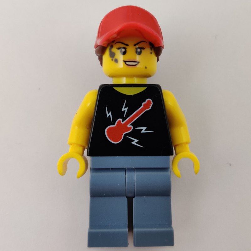 Femme, haut noir avec guitare, jambes bleu sable, casquette rouge avec cheveux (Woman, Black Top with Guitar, Sand Blue Legs, Red Cap with Hair)