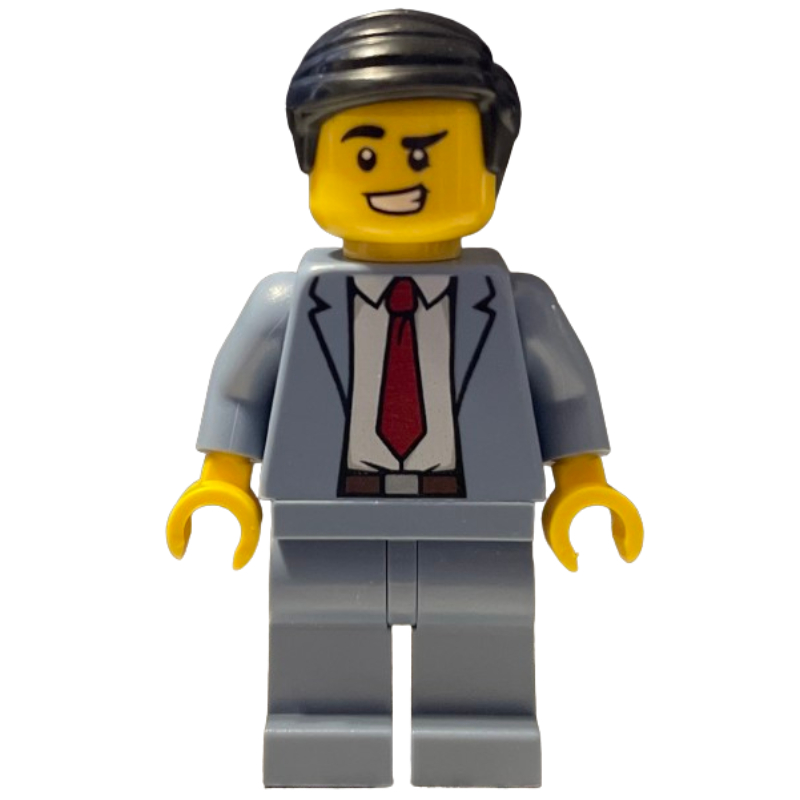 Homme, costume bleu sable avec cravate rouge, cheveux noirs (Man, Sand Blue Suit with Red Tie, Black Hair)