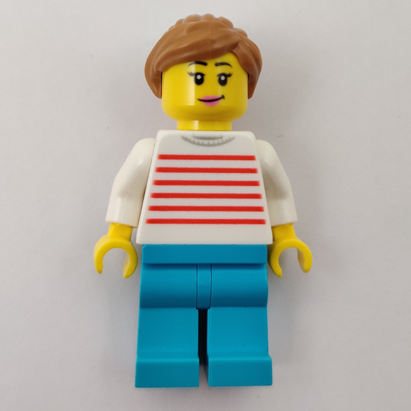 Femme, chandail rayé rouge et blanc, jambes azur moyen, cheveux nougat moyen (Woman, Red and White Striped Sweater, Medium Azure Legs, Medium Nougat Hair)