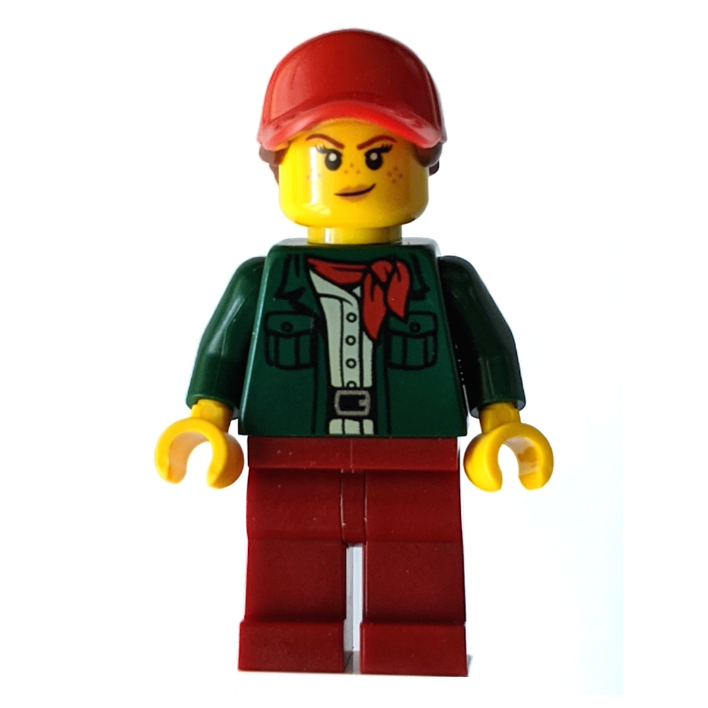Femme, veste vert foncé ouverte avec foulard rouge, jambes rouge foncé, casquette rouge avec cheveux (Woman, Open Dark Green Jacket with Red Neckerchief, Dark Red Legs, Red Cap with Hair)