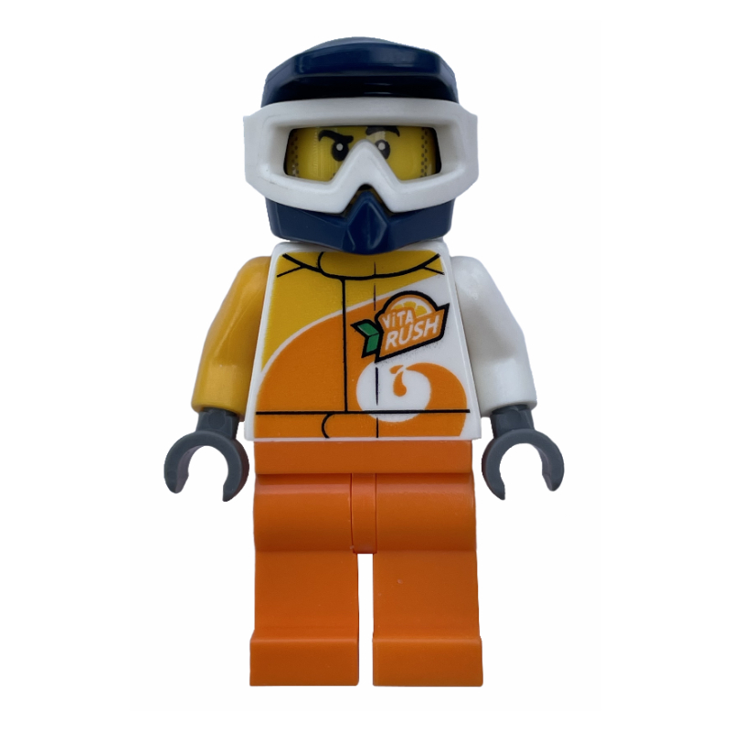 Pilote de course, combinaison blanche et orange avec inscription 'VITA RUSH', casque bleu avec lunettes, barbe naissante (Racer, White and Orange Jumpsuit with 'VITA RUSH', Blue Helmet with Goggles, Stubble)