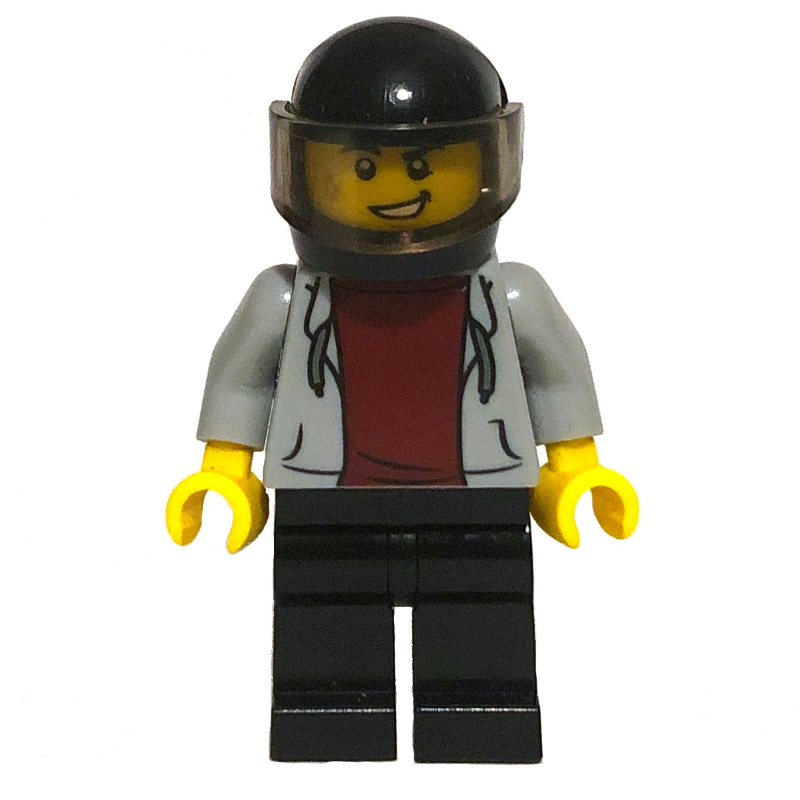 Homme, sweat à capuche gris bleuté clair sur chemise rouge foncé, jambes noires, casque noir avec visière (Man, Light Bluish Gray Hoodie over Dark Red Shirt, Black Legs, Black Helmet with Visor)