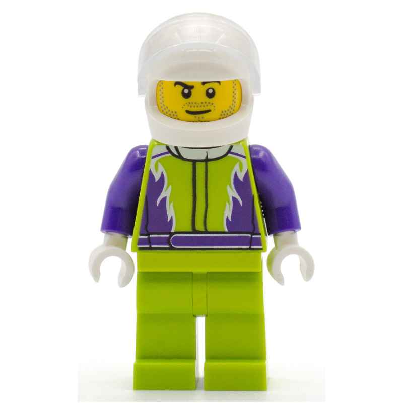 Pilote de course, combinaison vert citron et pourpre foncé, casque blanc avec visière (Racer, Lime and Dark Purple Jumpsuit, White Helmet with Visor)