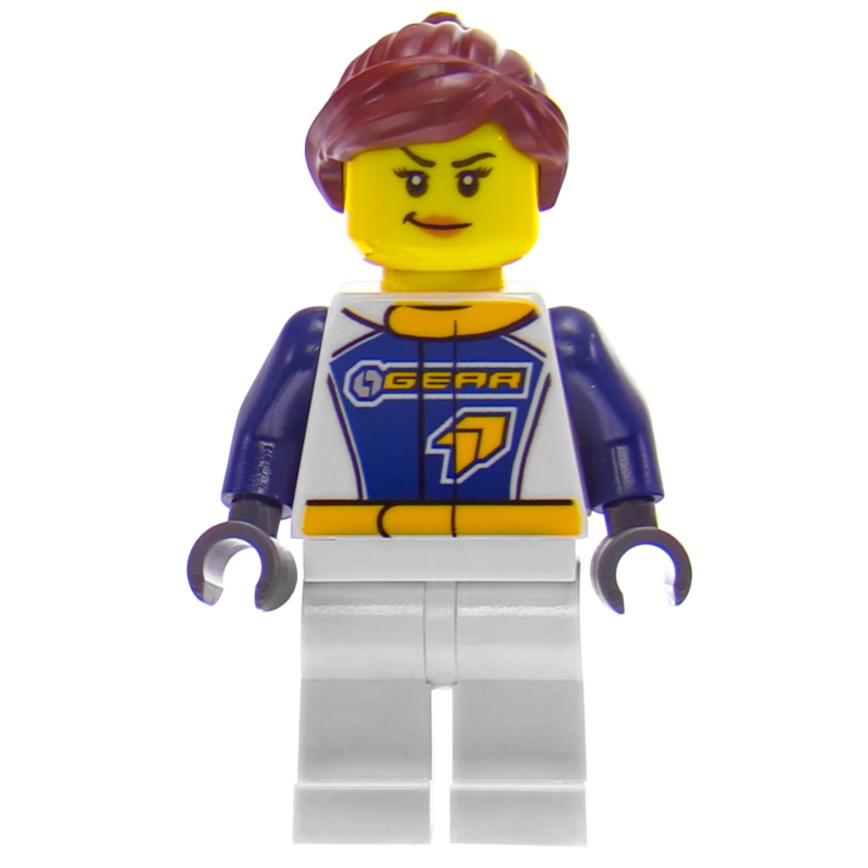 Pilote de course, femme, combinaison bleu foncé et blanche avec inscription 'GEAR', cheveux brun rougeâtre (Racer, Woman, Dark Blue and White Jumpsuit with 'GEAR', Reddish Brown Hair)