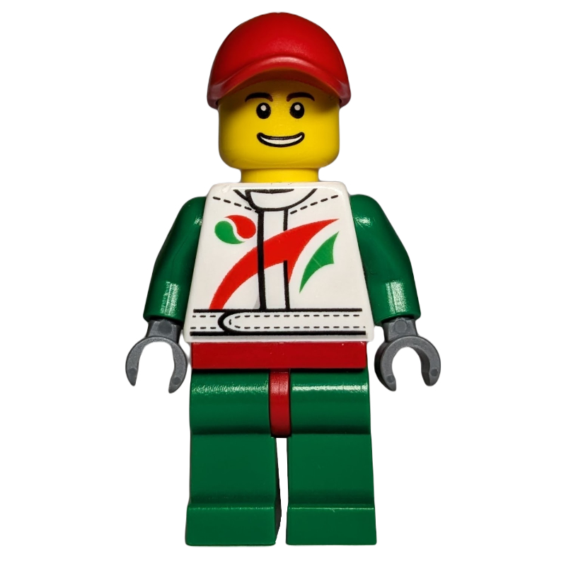 Pilote de course, combinaison blanche et verte avec logo Octan, casquette rouge (Racer, White and Green Jumpsuit with Octan Logo, Red Cap)