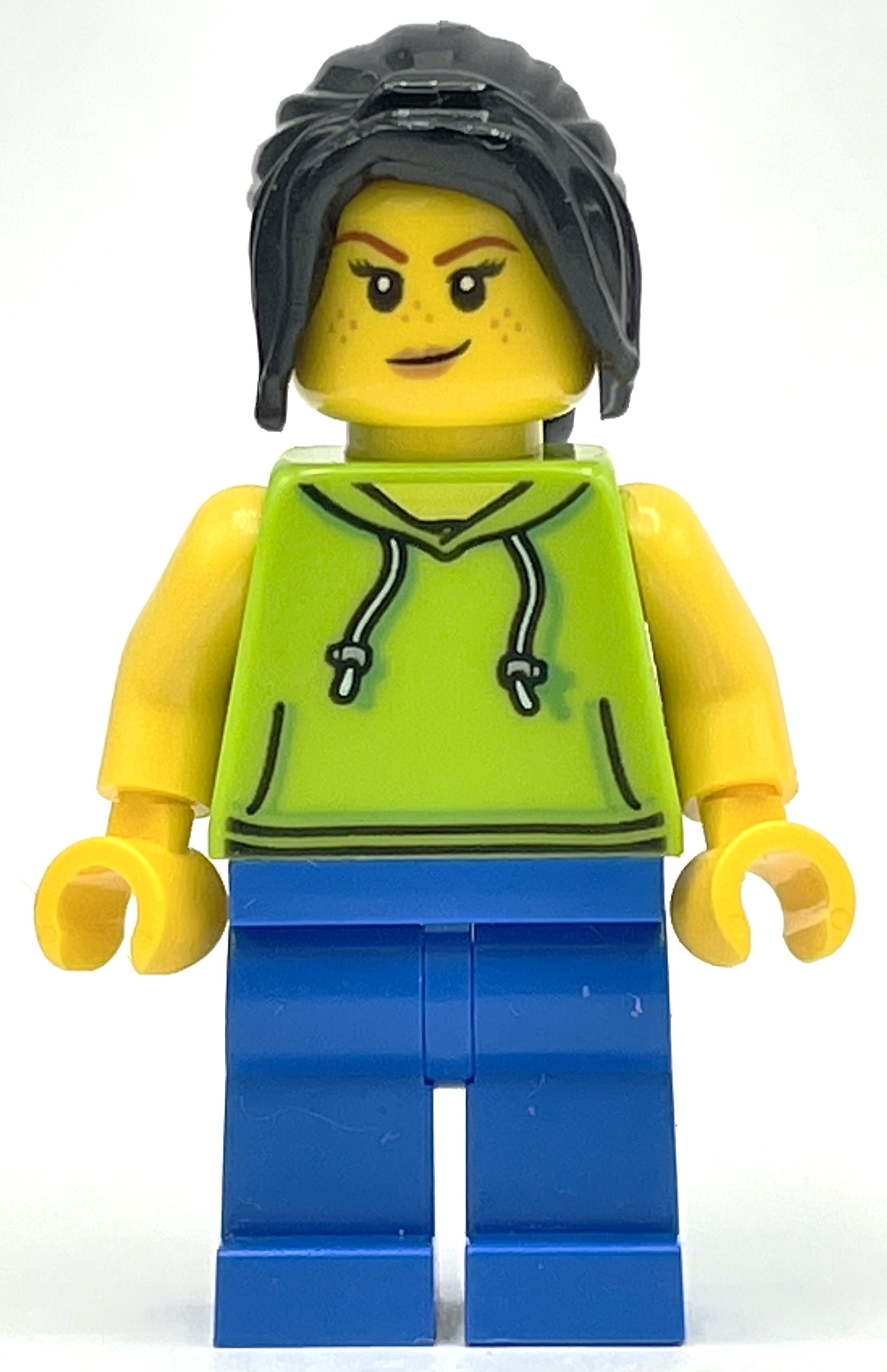 Femme, sweat à capuche vert citron, jambes bleues, cheveux noirs (Woman, Lime Hoodie, Blue Legs, Black Hair)