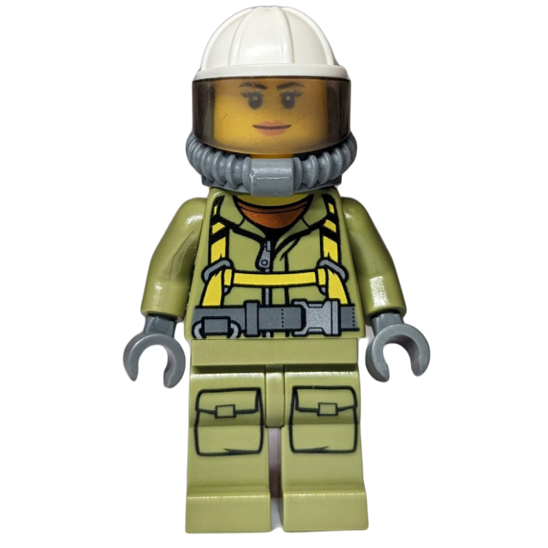 Volcan explorer, femme, combinaison vert olive avec sangles, chapeau dur blanc avec visière, appareil respiratoire, airtanks (Volcano Explorer, Woman, Olive Green Jumpsuit with Straps, White Hard Hat with Visor, Breathing Apparatus, Airtanks)
