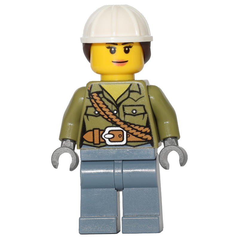 Volcan explorateur, femme, chemise verte olive avec corde, casque de chantier blanc avec cheveux (Volcano Explorer, Woman, Olive Green Shirt with Rope, White Hard Hat with Hair)