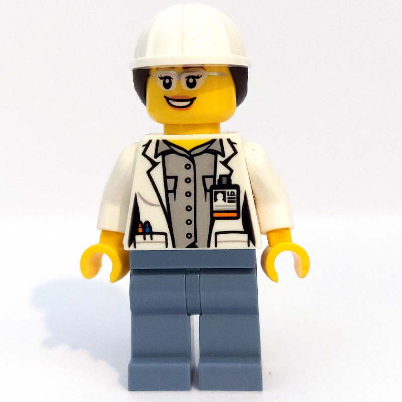 Volcan scientifique explorateur, femme, manteau de laboratoire blanc ouvert, jambes bleu sable, casque de chantier blanc avec cheveux (Volcano Explorer Scientist, Woman, Open White Lab Coat, Sand Blue Legs, White Hard Hat with Hair)