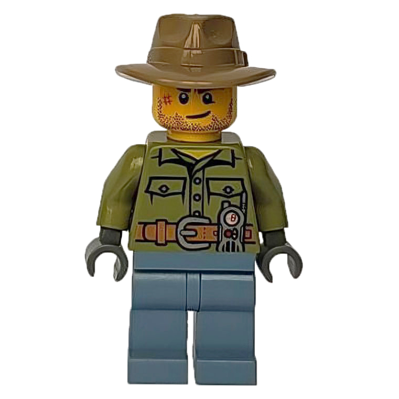 Volcan explorer, homme, chemise vert olive, jambes bleu sable, chapeau à grand bord beige foncé (Volcano Explorer, Man, Olive Green Shirt, Sand Blue Legs, Dark Tan Wide Brim Hat)