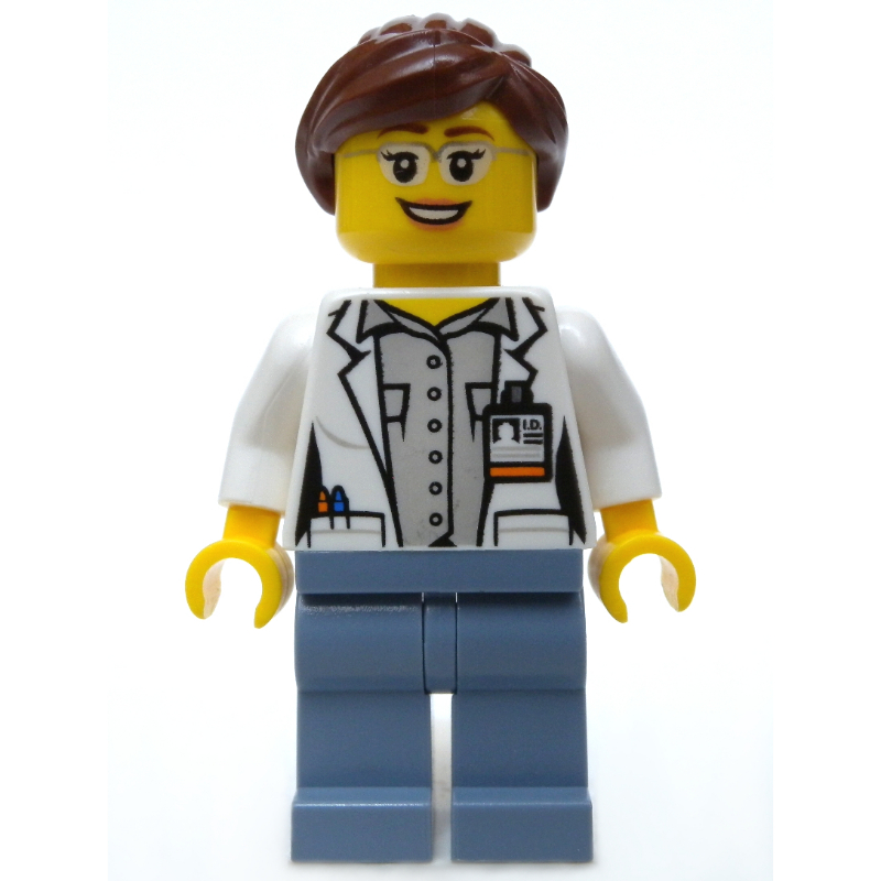 Scientifique explorateur de volcan, femme, manteau de laboratoire blanc ouvert, jambes bleu sable, cheveux brun rougeâtre, lunettes (Volcano Explorer Scientist, Woman, Open White Lab Coat, Sand Blue Legs, Reddish Brown Hair, Glasses)