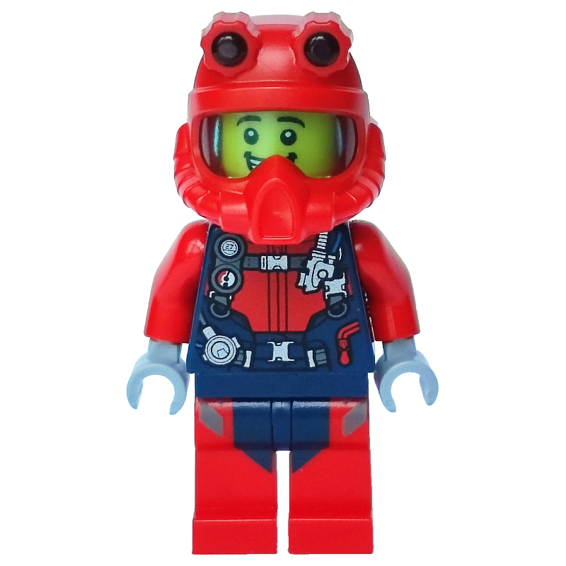 Plongeur, homme, combinaison rouge et bleu foncé avec sangles et jauges, casque de plongée rouge, bouteilles d’air (Diver, Man, Red and Dark Blue Wetsuit with Straps and Gauges, Red Diving Helmet, Airtanks)