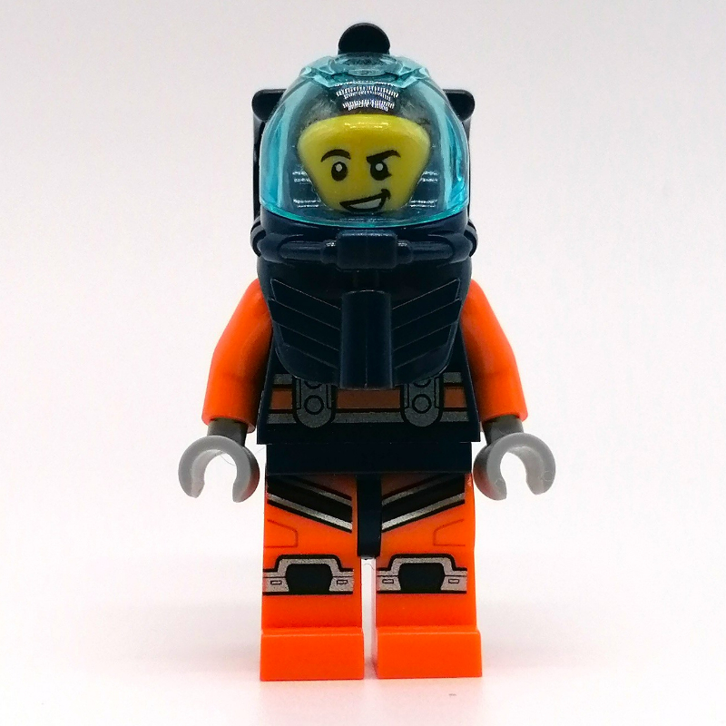 Plongeur, homme, combinaison de plongée bleu foncé et orange, casque de plongée bleu foncé avec visière (Diver, Man, Dark Blue and Orange Wetsuit, Dark Blue Diving Helmet with Visor)
