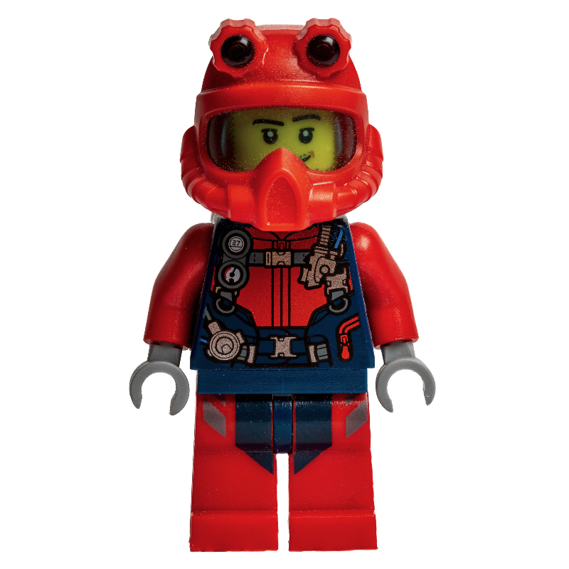 Plongeur, homme, combinaison rouge et bleu foncé avec sangles et jauges, casque de plongée rouge, bouteilles d’air, barbe naissante (Diver, Man, Red and Dark Blue Wetsuit with Straps and Gauges, Red Diving Helmet, Airtanks, Stubble)
