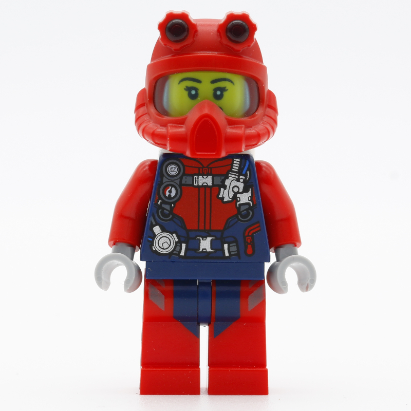 Plongeur, femme, combinaison rouge et bleu foncé avec sangles et jauges, casque de plongée rouge, bouteilles d’air, bouche ouverte (Diver, Woman, Red and Dark Blue Wetsuit with Straps and Gauges, Red Diving Helmet, Airtanks, Open Mouth)