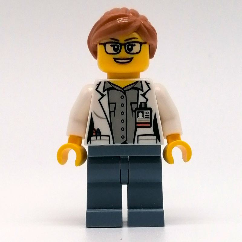 Scientifique marin, femme, manteau de laboratoire blanc ouvert, jambes bleu sable, cheveux nougat moyen, lunettes (Marine Scientist, Woman, Open White Lab Coat, Sand Blue Legs, Medium Nougat Hair, Glasses)