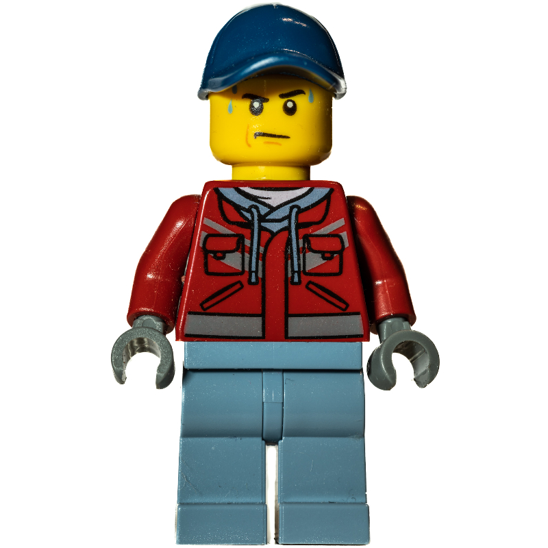 Explorateur marin, veste rouge foncé, casquette bleu foncé, gouttes de sueur (Marine Explorer, Dark Red Jacket, Dark Blue Cap, Sweat Drops)