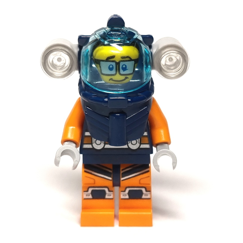Plongeur, homme, combinaison de plongée bleu foncé et orange, casque de plongée bleu foncé avec lampes de poche et visière, lunettes (Diver, Man, Dark Blue and Orange Wetsuit, Dark Blue Diving Helmet with Flashlights and Visor, Glasses)