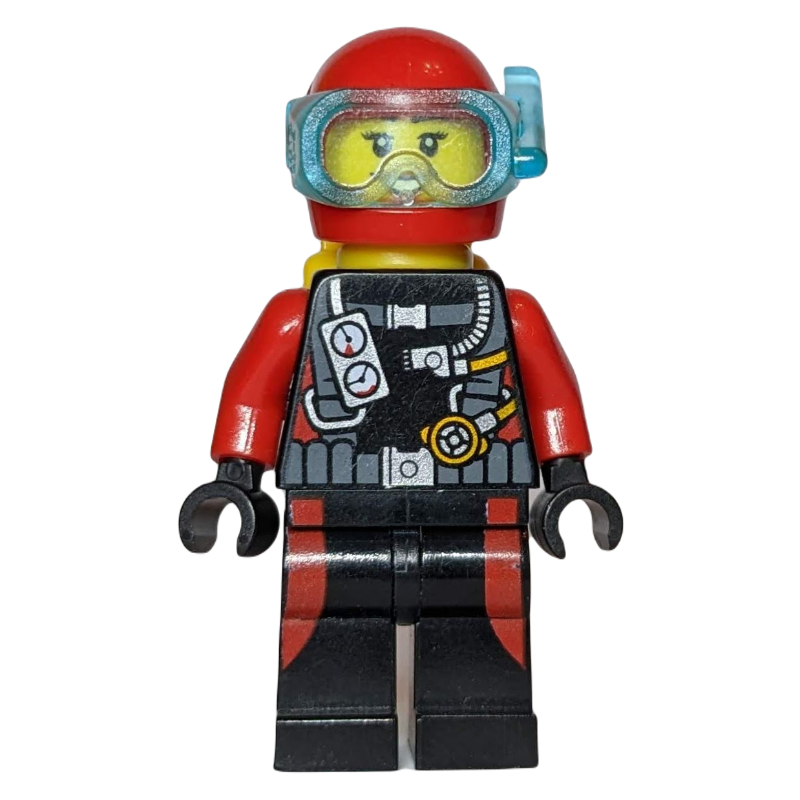 Plongeur, femme, combinaison noire et rouge avec jauges, casque rouge avec masque (Diver, Woman, Black and Red Wetsuit with Gauges, Red Helmet with Mask)