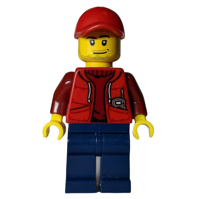 Explorateur marin, veste rouge ouvert sur pull rouge foncé, casquette rouge, barbe naissante (Marine Explorer, Open Red Jacket over Dark Red Sweater, Red Cap, Stubble)