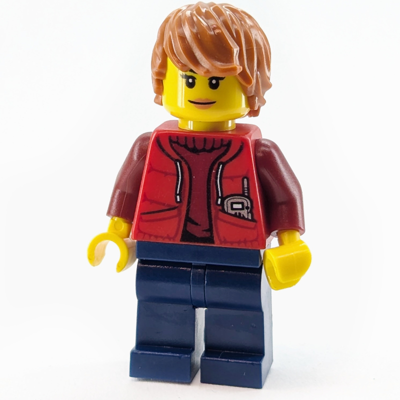 Explorateur marin, femme, veste rouge ouvert sur chandail rouge foncé, cheveux orange foncé (Marine Explorer, Woman, Open Red Jacket over Dark Red Sweater, Dark Orange Hair)