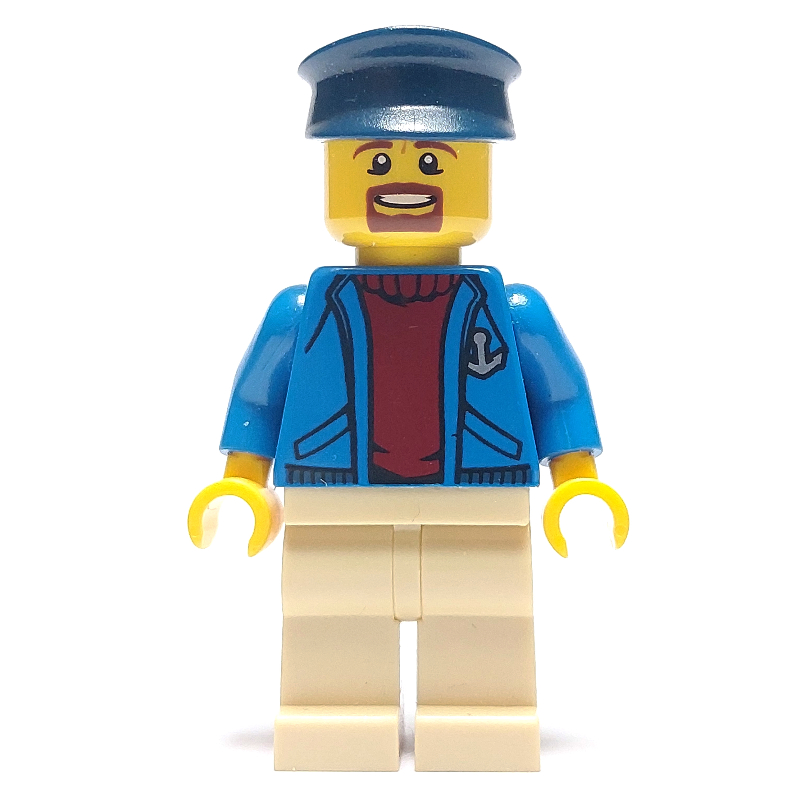 Capitaine de navire, veste bleue ouverte avec ancre sur un pull rouge foncé, jambes bronzées, chapeau bleu foncé, barbe de bouc (Ship Captain, Open Blue Jacket with Anchor over Dark Red Sweater, Tan Legs, Dark Blue Hat, Goatee Beard)