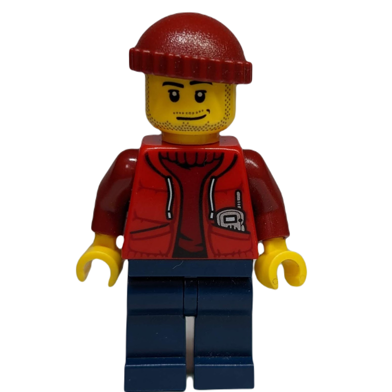 Marine explorer, veste rouge ouvert sur pull rouge foncé, chapeau rouge foncé, barbe naissante (Marine Explorer, Open Red Jacket over Dark Red Sweater, Dark Red Hat, Stubble)