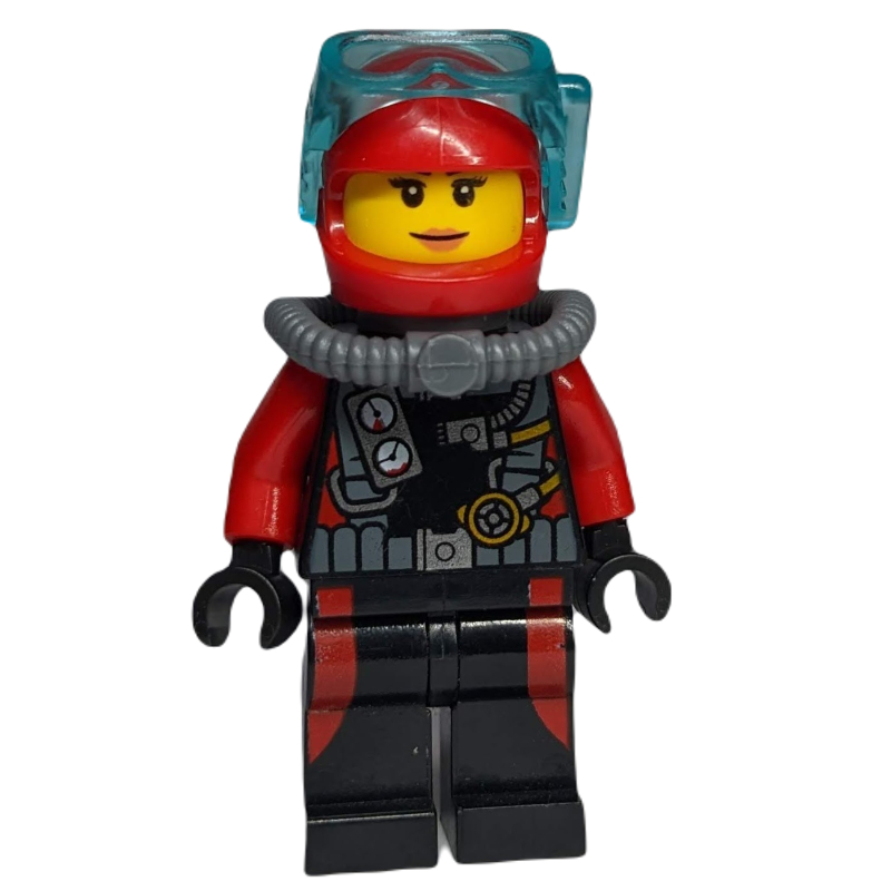 Plongeur, femme, combinaison noire et rouge avec jauges, casque rouge avec masque (Diver, Woman, Black and Red Wetsuit with Gauges, Red Helmet with Mask)