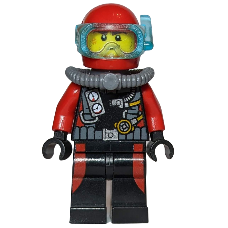 Plongeur, homme, combinaison noire et rouge avec jauges, casque rouge avec masque (Diver, Man, Black and Red Wetsuit with Gauges, Red Helmet with Mask)