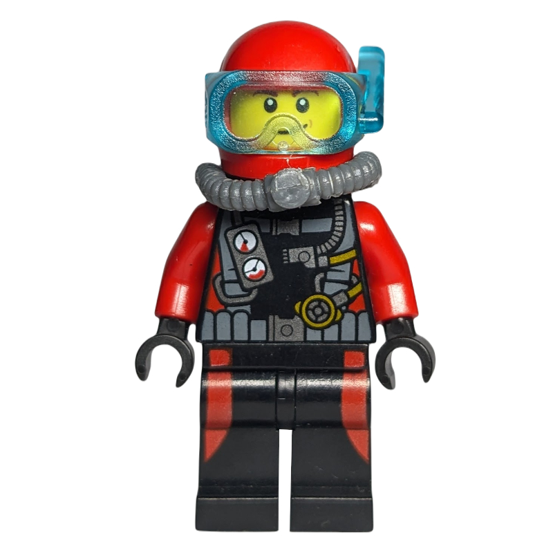 Plongée adam, combinaison noire et rouge avec jauges, casque rouge avec masque (Diver Adam, Black and Red Wetsuit with Gauges, Red Helmet with Mask)