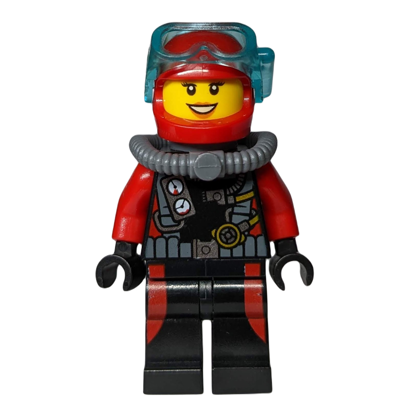 Plongeur, femme, combinaison noire et rouge avec jauges, casque rouge avec masque (Diver, Woman, Black and Red Wetsuit with Gauges, Red Helmet with Mask)
