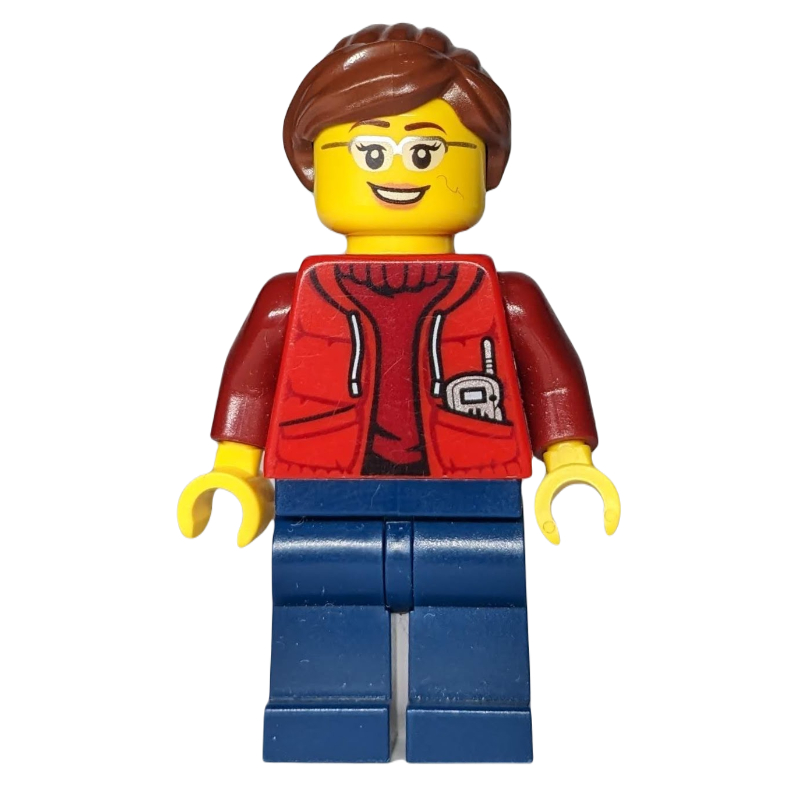 Marine explorateur, femme, veste rouge ouvert sur pull rouge foncé, cheveux bruns rougeâtres, lunettes (Marine Explorer, Woman, Open Red Jacket over Dark Red Sweater, Reddish Brown Hair, Glasses)